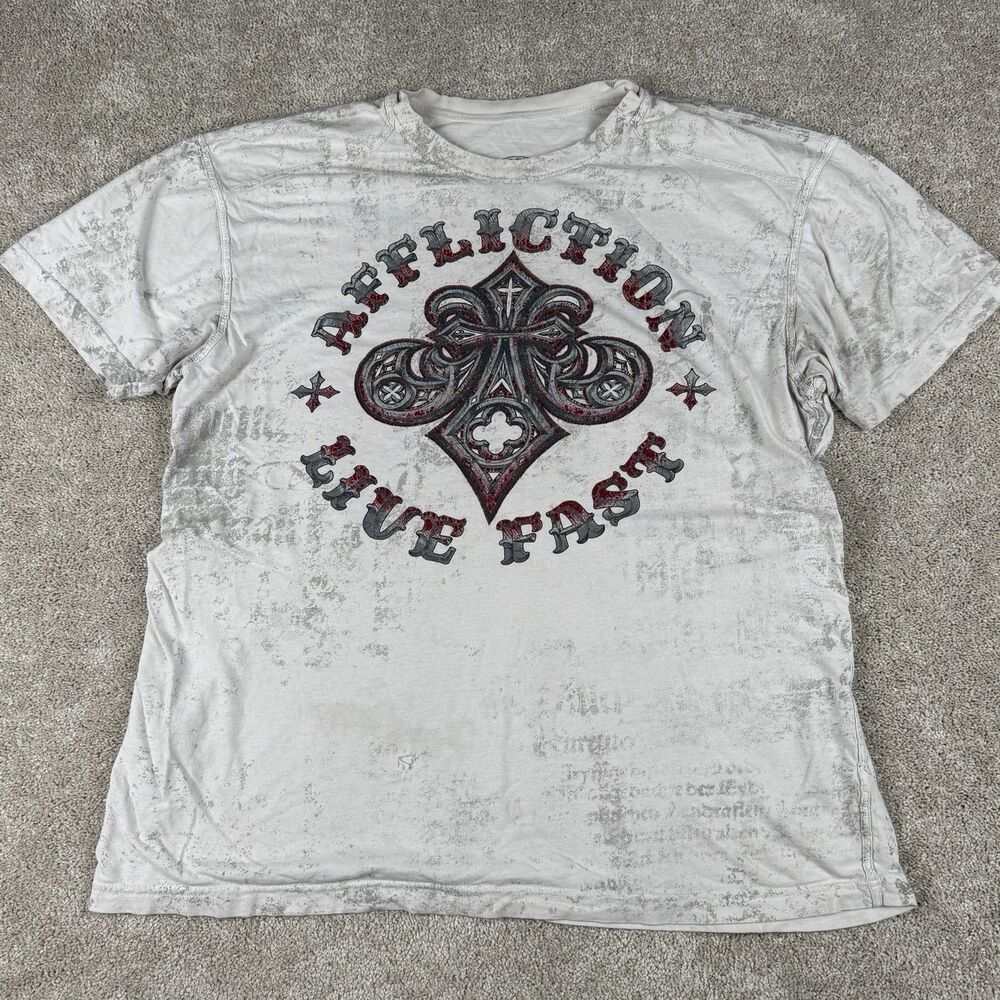 Affliction Mens Graphic Y2K LiveFast Thrashed Grunge Shirt 2XL White Alternative